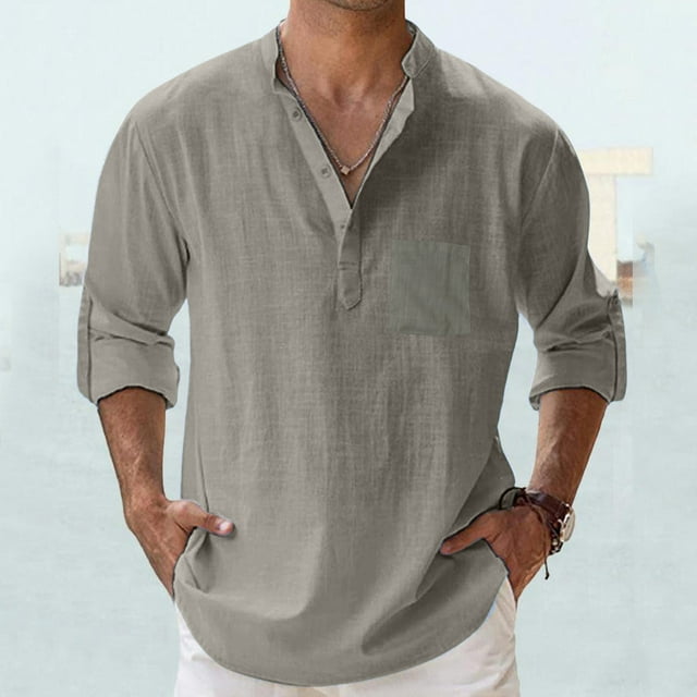 Men Shirts Spring Summer Loose Fit Solid Color Pocket Long Sleeve Pullover Shirt for Everyday Comfort and Easy Styling