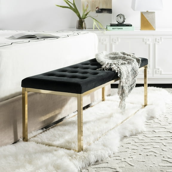 SAFAVIEH Reynolds Contemporary Modern Glam Tufted Bench, Black/Brass