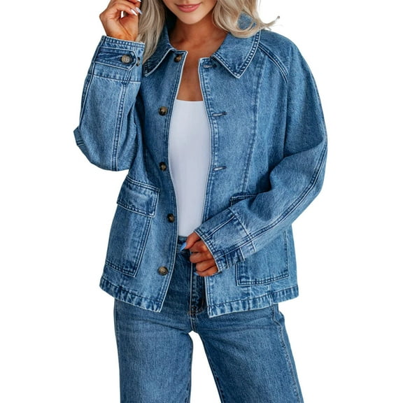 Womens Oversized Jean Jacket Casual Long Sleeve Button Down Denim Jacket Fall Coat Blue L