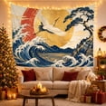 thumbnail image 3 of White Crane Above Blue Waves and Golden Sun, Dramatic Illustration for Art Lovers, Nature Inspired Decor, Housewarming Gift, Tapestry Wall Hanging for Bedroom and Living Room, 3 of 7