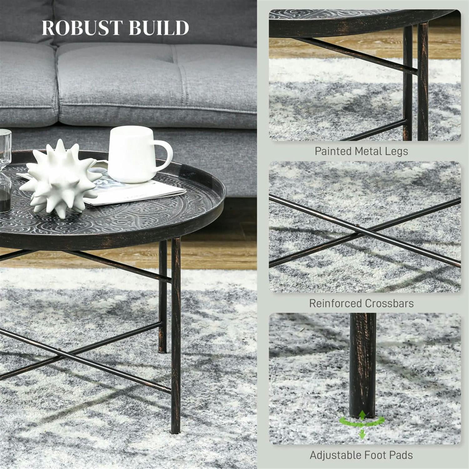 Demi Bonn 24" Round Living Room Coffee Table with Hammered Metal Frame, Pewter for Bedroom, Stylish Center Table, Gray