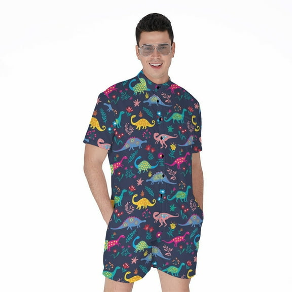 Cute Dino Floral Pattern Short Sleeve Men'S Rompers Casual Summer Jumpsuits Outfit