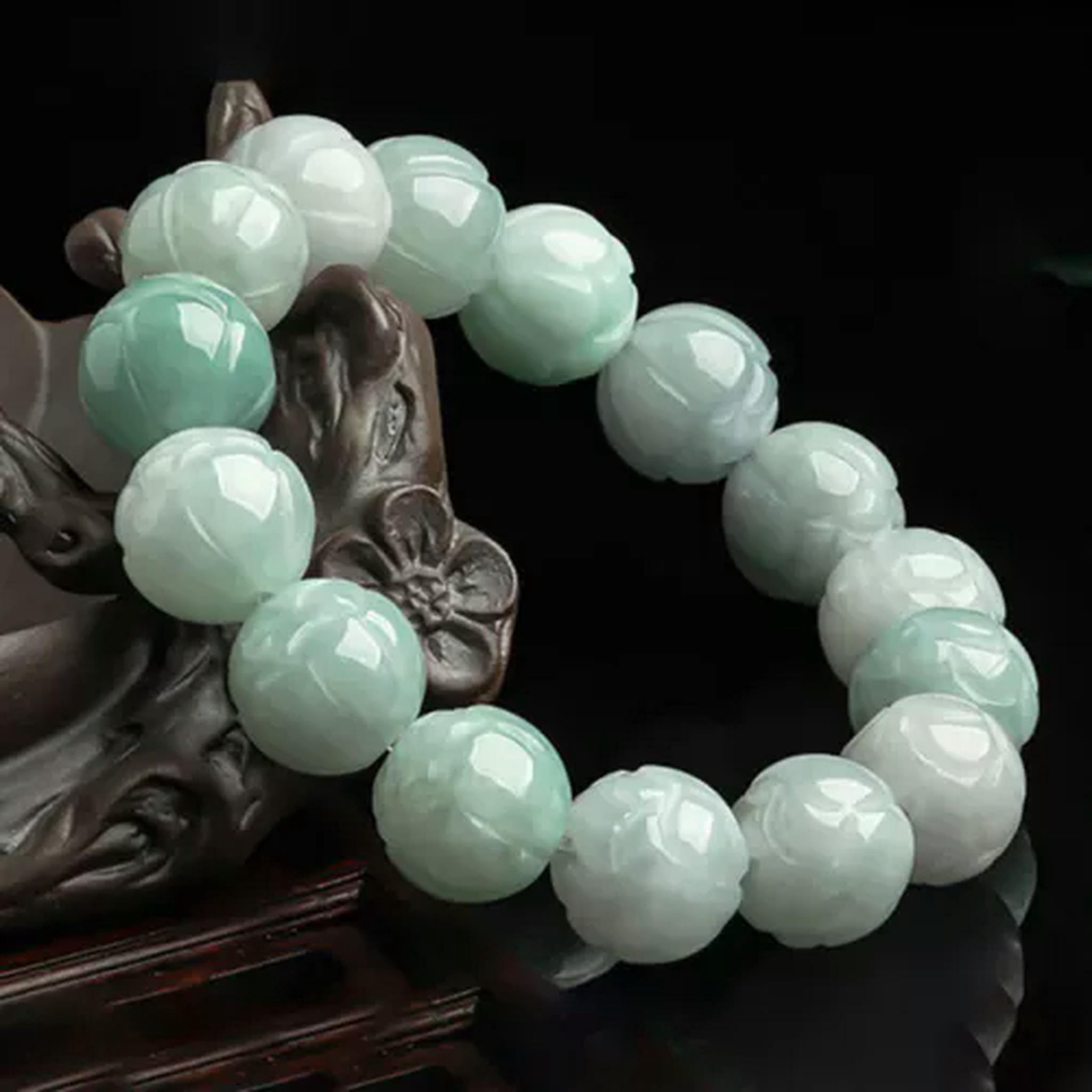 HOOUN Natural A-Grade Jade Bracelet Lotus Beaded Jade Bracelet for Men and Women-13.5mm