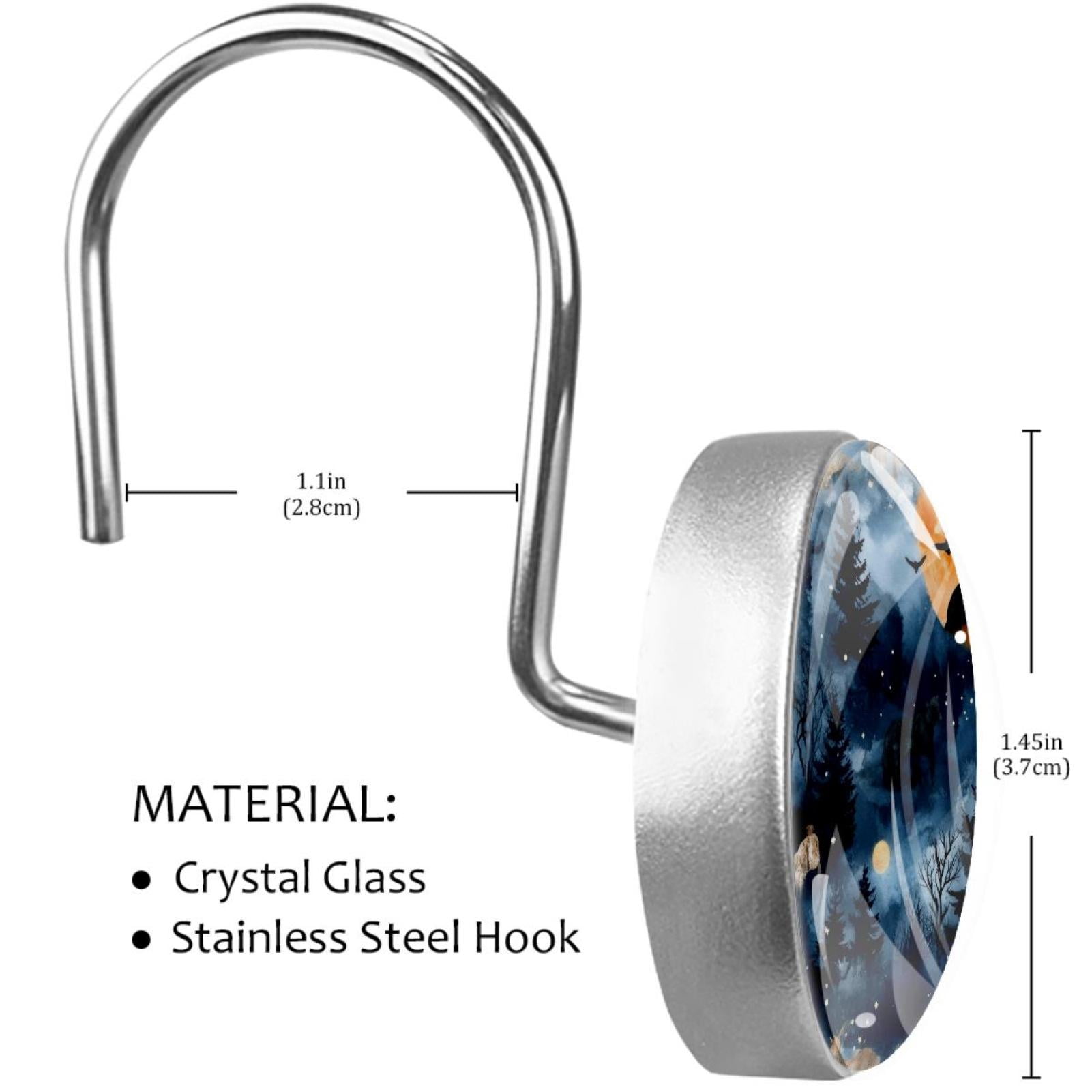 Wild Animals on Forest Silhouette Shower Curtain Hooks Round Crystal Glass, Set of 12 Shower Curtain Rings - Shower Hooks for Curtain Shower Rings
