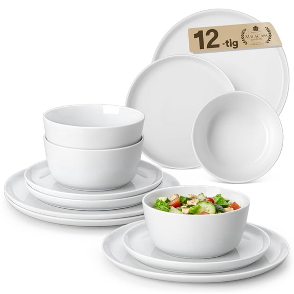 vancasso 12 Pcs Dinnerware Set, Ceramic Plates and Bowls Set for 4, Curve Vertical Shape Dinner set, White Porcelain Dish Set