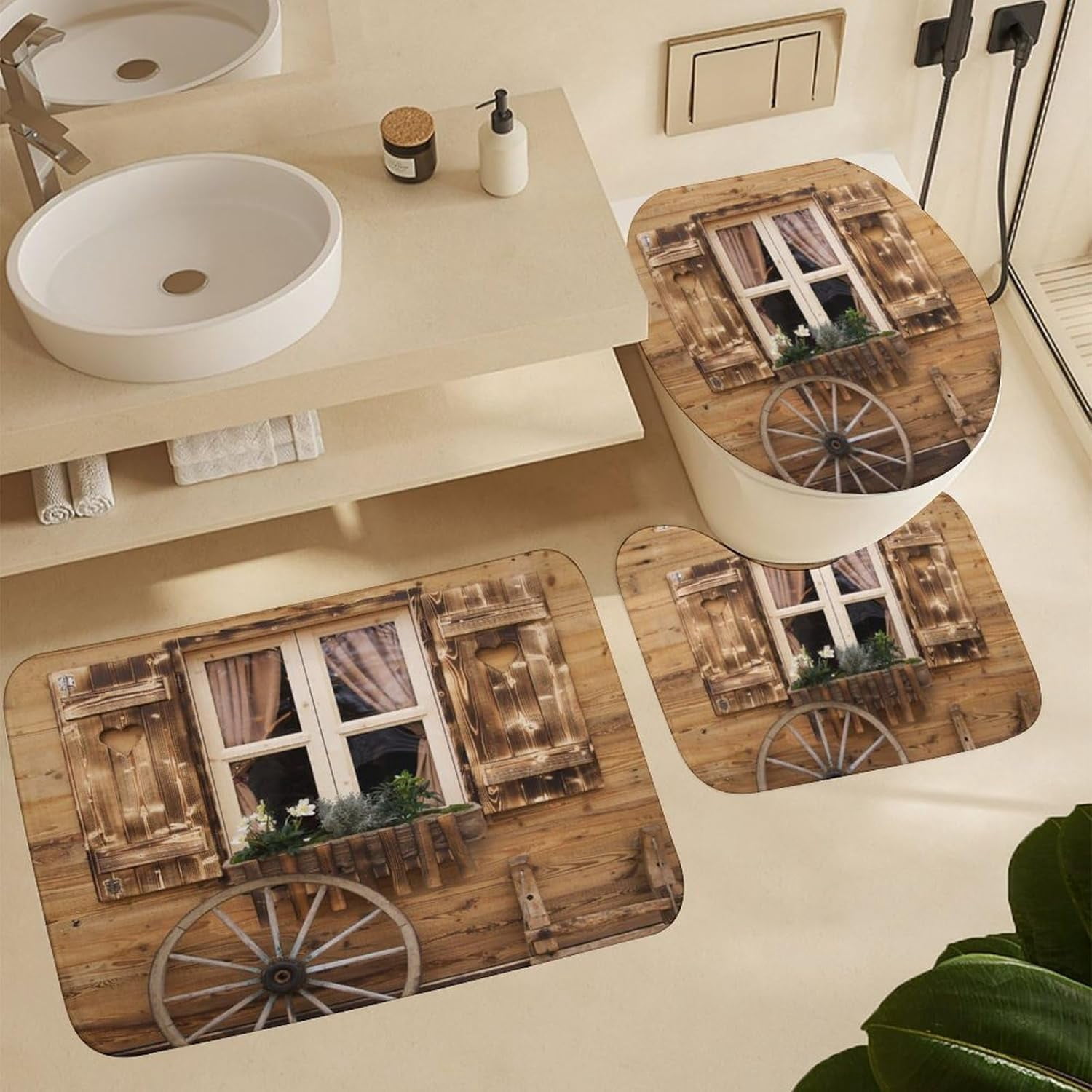 Country Barn Door 4 Pcs Shower Curtain set Bathroom Set Rustic Farmhouse Wooden Board Full Moon Shower Mat Shower Curtain with Rug 12 Hooks,72" W x 72" L