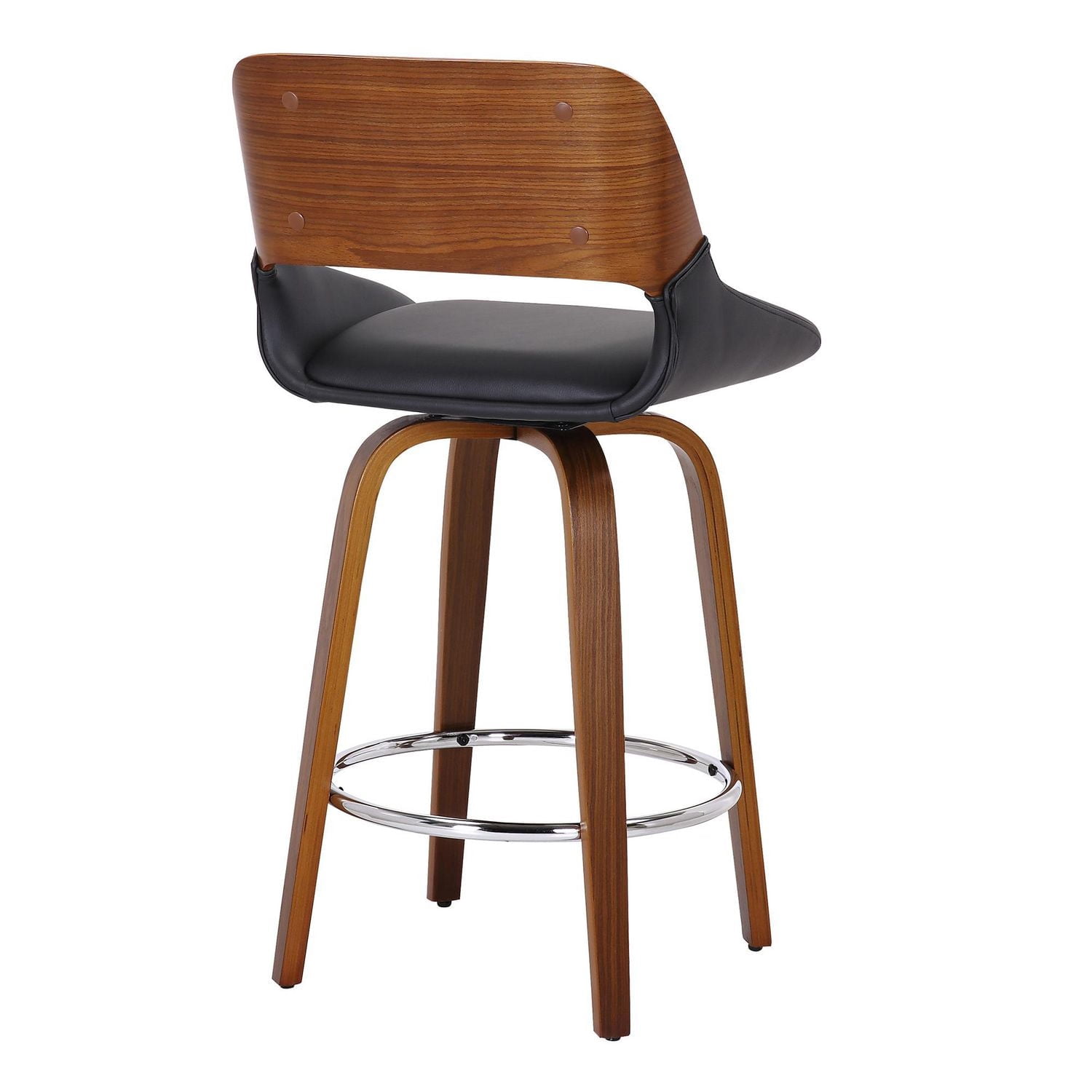 Mid-Century Faux Leather and Wood 26" Counter Stool with Swivel - Black and Walnut