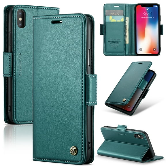 ELEHOLD Wallet Case For iPhone XS/X,Premium Leather Case wih RFID Blocking Function Card Slots Kickstand Magnetic Clasp Shockproof Cover for Men Women,Green