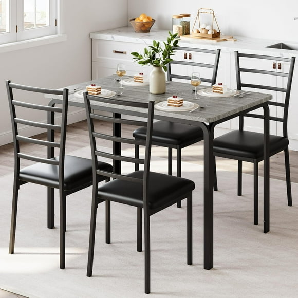 Dining Table Set Glass Dining Room Table Set for Small Spaces Kitchen Table Furniture Rectangular Modern Compact Space Glass Tabletop, 4 Upholstered PU Chairs, Metal Steel Frame
