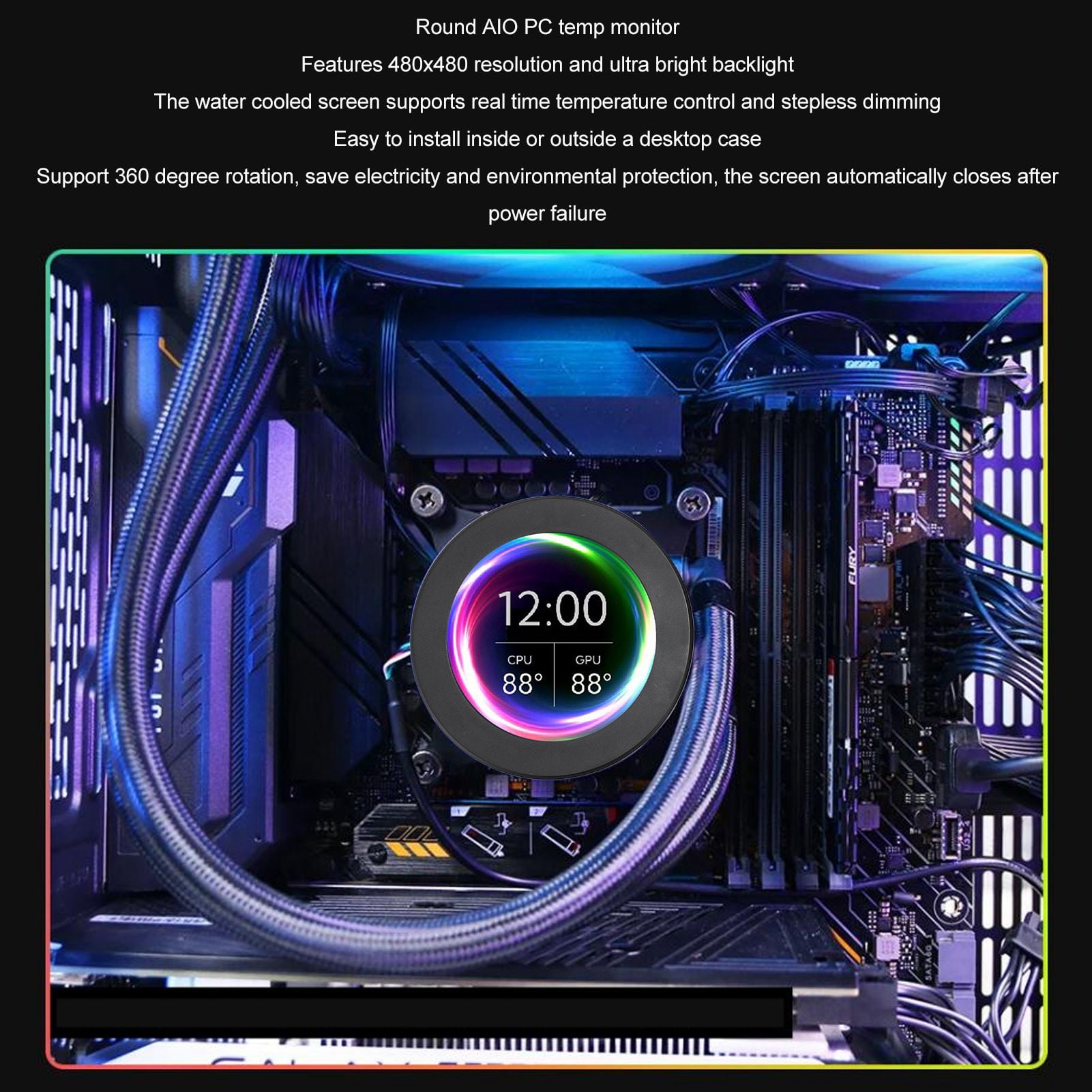 Display Screen, AIO Computer CPU GPU Cooler Temp Round LCD