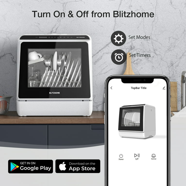 BlitzHome Countertop Dishwasher, Smart APP Control,Drying Function, 360°  Dual Spray,5 Programs,w/ 5L Water Tank, for RV & Apartment 