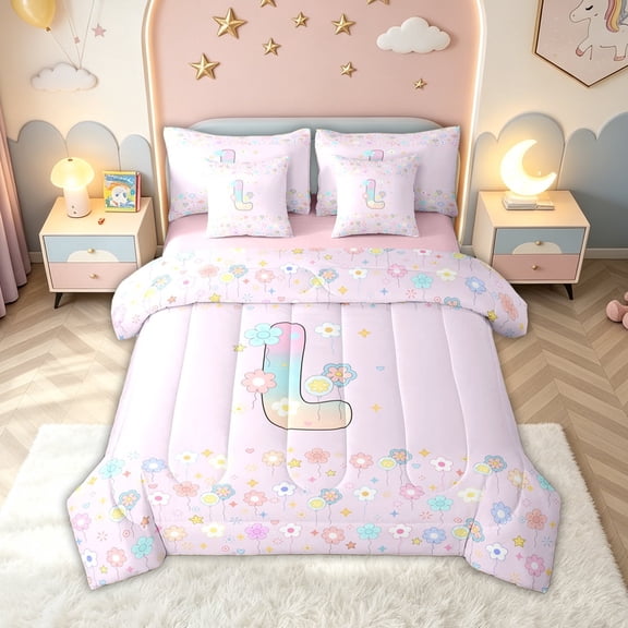 meiyoeat Pastel Floral Letter L Print Twin Bedding for Boys Girls, Spring Monogram Bedding Comforter Set, Pink Reversible, 7 Pieces