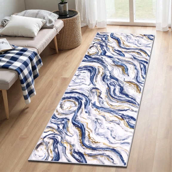 Yamaziot Runner Rug for Hallway 2'x6' Washable Non Slip Modern Abstract Rug Carpet Floor Mat for Kitchen Bedroom Laundry Room, Blue