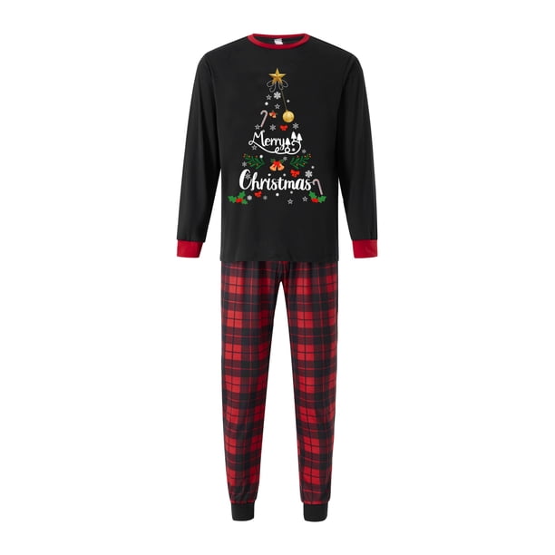 Pijamas navideños familiares a juego: camisetas de manga larga con estampado de letras y copos de nieve y pantalones a cuadros.