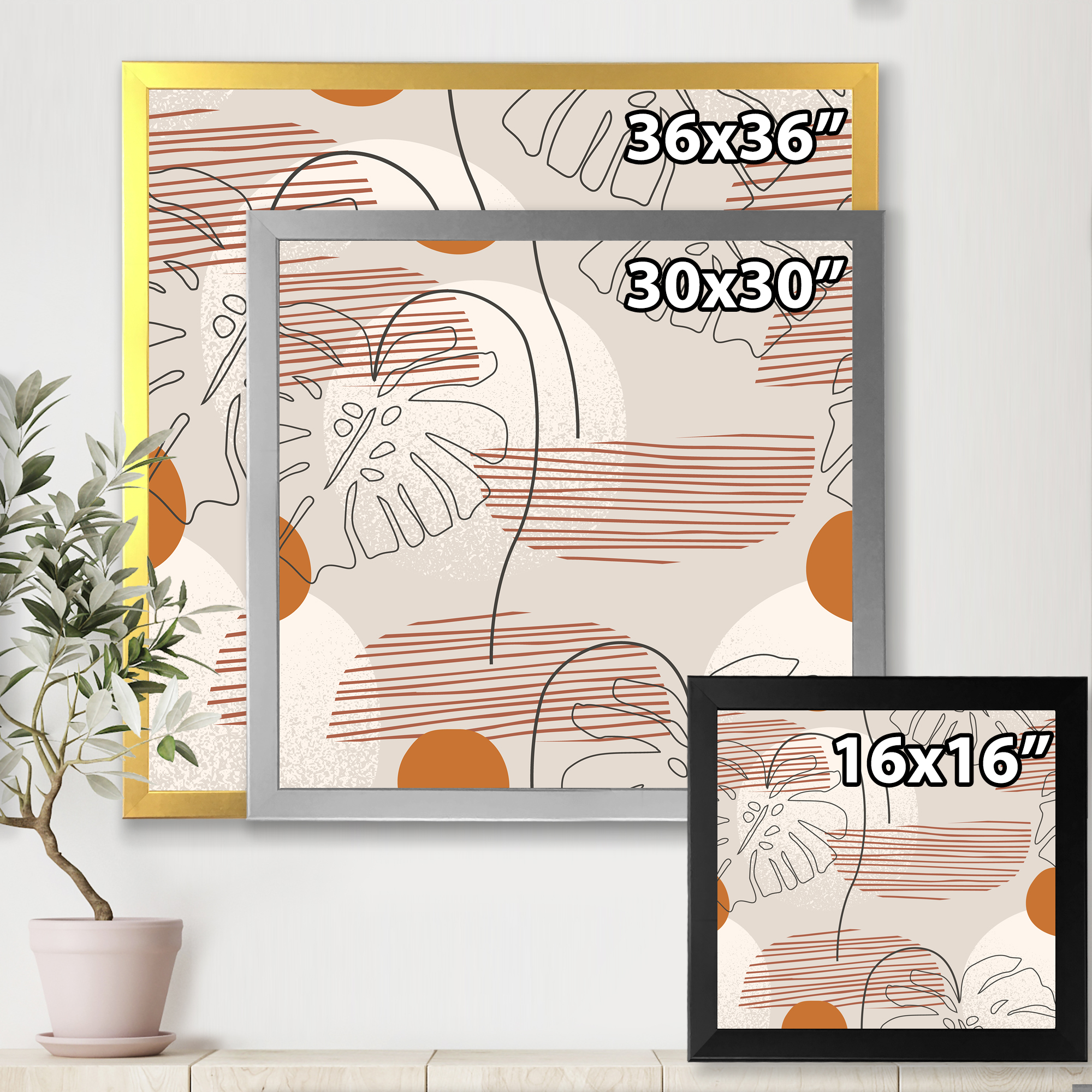 Designart 'Abstract Monstera Leaf and One Line Art Shapes' Modern Framed Art Print