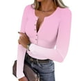 thumbnail image 2 of Josdec Women's Slim Fit T‑Shirt Gradient‑Print Henley Button‑V‑Neck Ribbed Long Sleeve Casual Pullover Tops S‑XXL, 2 of 10