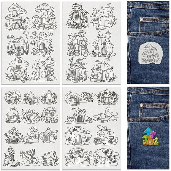 32Pcs Pumpkin Mushroom House Embroidery Pattern Stabilizers 8.3”x11.7” Cartoon Plant House Water Soluble Stick and Stitch Embroidery Stickers 4 Sheets Hand Sewing Embroidery Transfer Paper