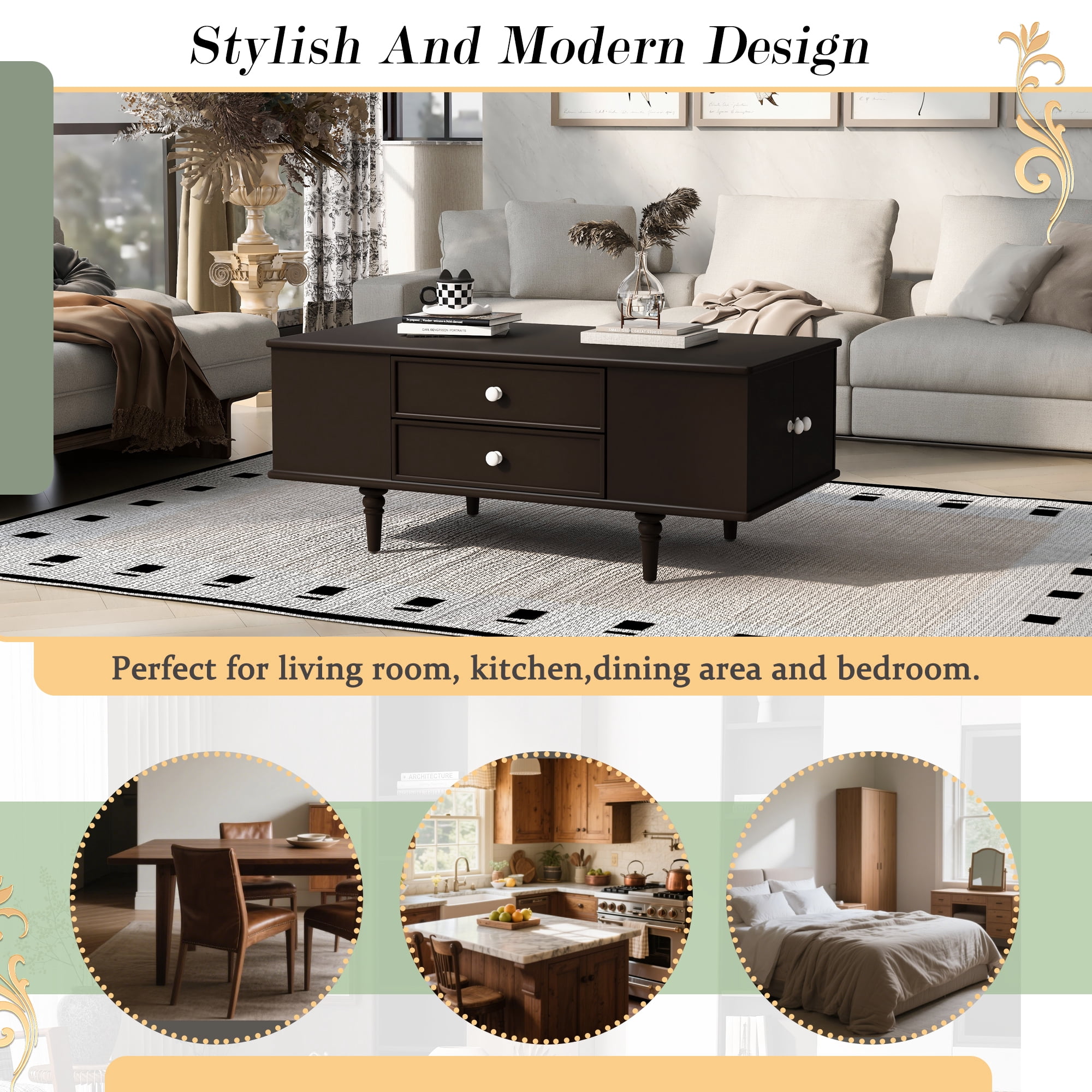 Euroco Modern Multifunctional Coffee Table with 4 Drawers, Hidden Storage Compartments & Side Shelves, Wood Legs, Easy Assembly