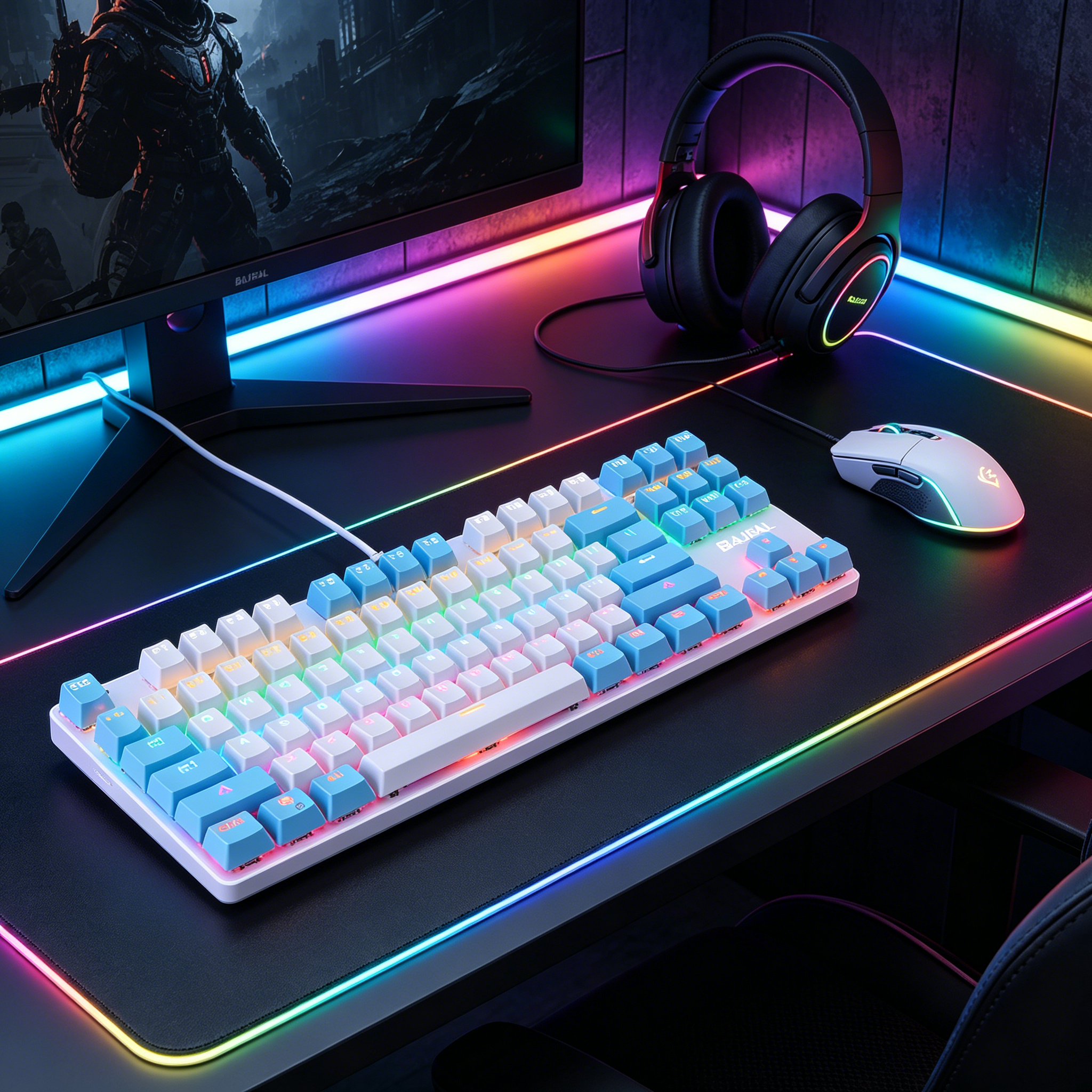 GJX 2026 New 87 Keys Wired,Mixed Light Mechanical Keyboard for Gaming,Office Blue&White