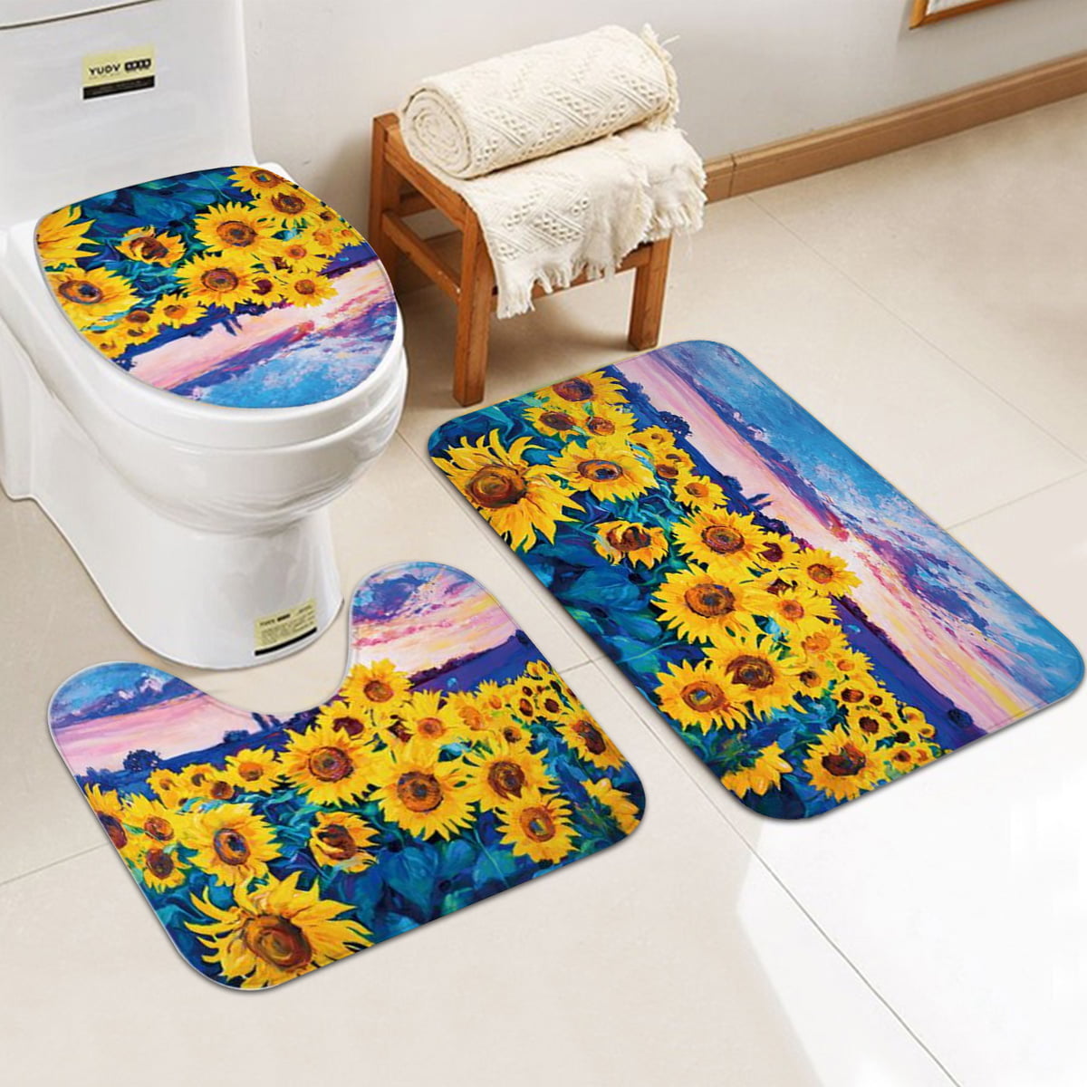 Soft Foam Rug Bathroom Mat Set Beach Pattern Design Anti Slip Toilet Carpet 3pcs 