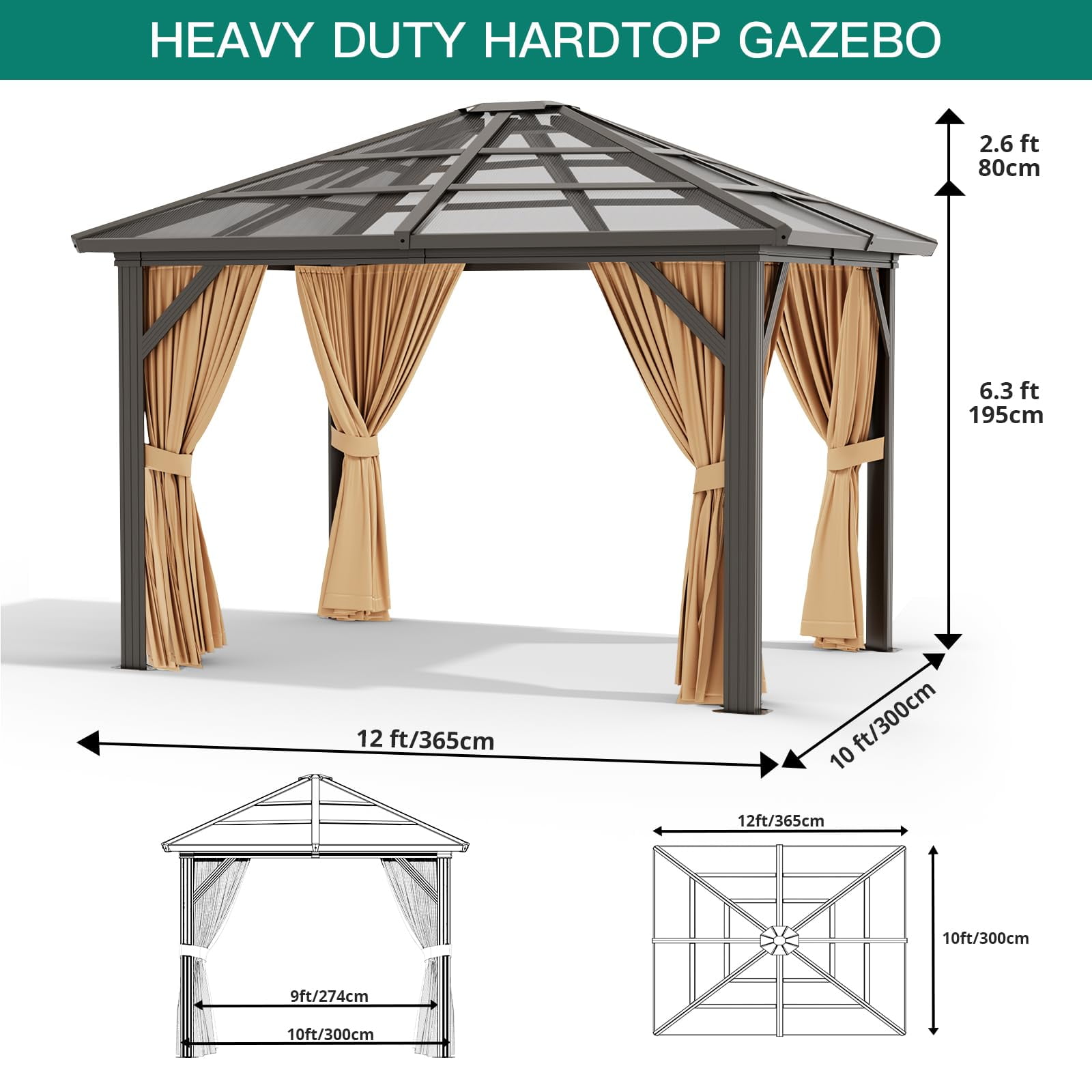 10' x 12' Hardtop Gazebo Outdoor Polycarbonate Patio Double Top Canopy Galvanized Iron Aluminum Column Garden Tent Curtains Netting for Backyards Decks Lawns