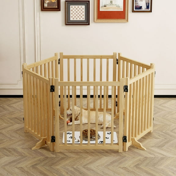 CQSXDA Wooden Freestanding Dog Gates 6 Panel 31" Tall Indoor Pet Gate for Doorways and Stairs Easy Step Over Fence