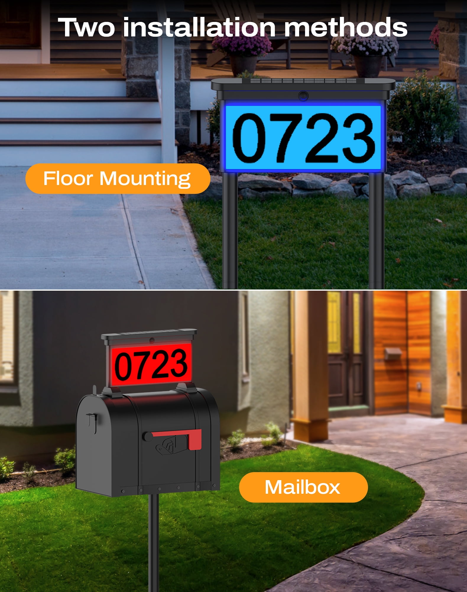 2 IN 1 Solar Address Sign 12 Color Changing Light LED Outdoor Yard Lighted House Numbers Waterproof Illuminated Address Plaque with Stakes 20 LEDs 2 Ways for Outside Street