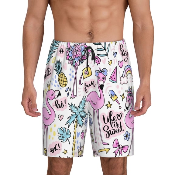 Vsdgher Summer with Flamingo Print Men's Pajama Shorts Lounge Bottoms Sleep Shorts Elastic Waist Lightweight PJ Shorts with Pockets-Small