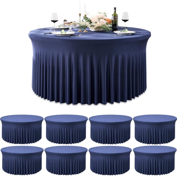Outpain 8 Pack Nappes Rondes en Spandex Bleu Marine pour Tables de 60 Pouces, Nappes Rondes Extensibles de 120 Pouces Ajustées de 5 Pieds, Nappe Sans Plis avec Jupe pour Mariage Fête Dîner Banquet