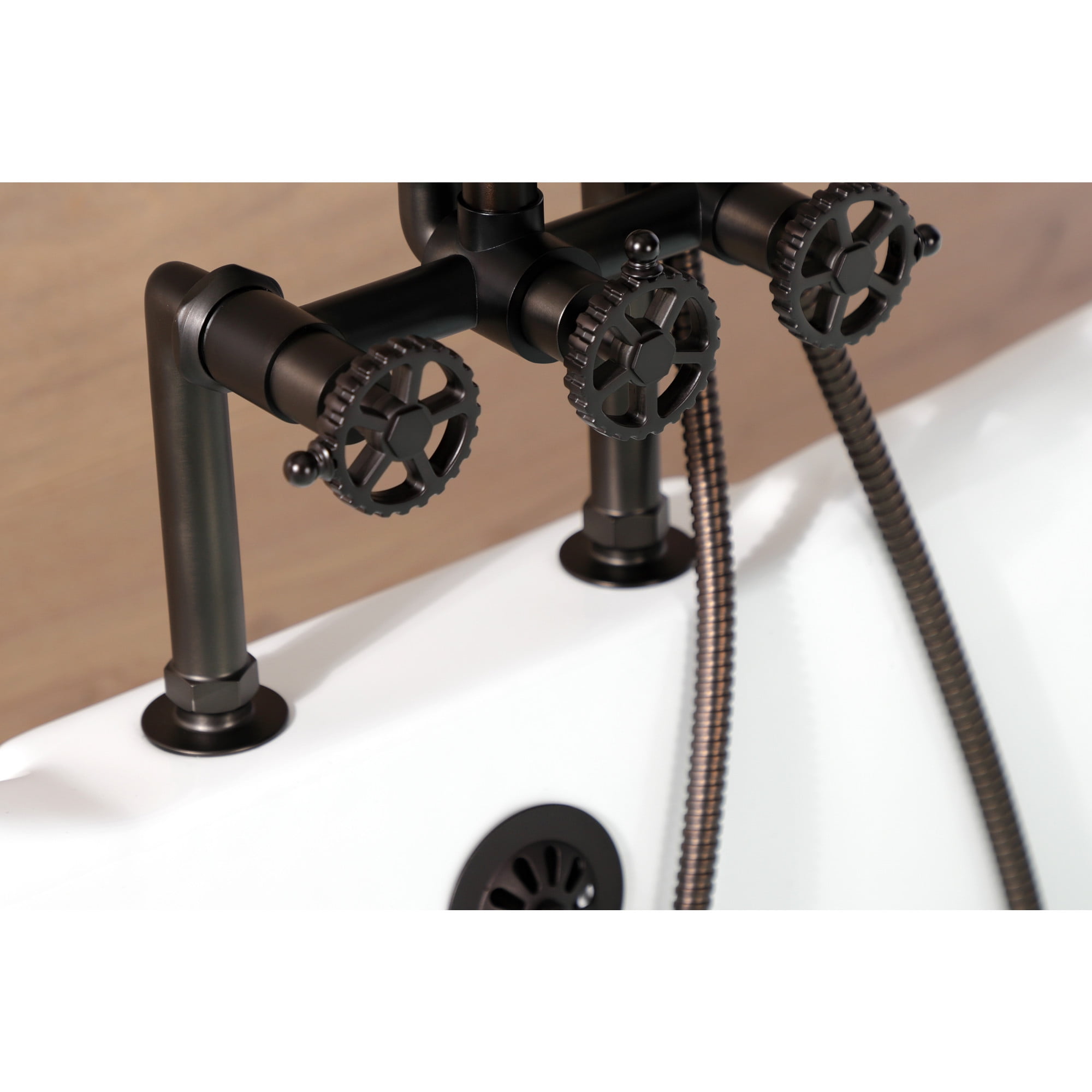 Kingston Brass AE8105CG Fuller Three-Handle 2-Hole Deck-Mount Clawfoot Tub Faucet with Hand Shower in Oil Rubbed Bronze