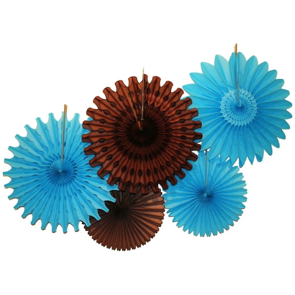 Devra Party Turquoise and Brown Large Tissue Paper Fan Decorations, 13 and 18 Inches (5 Piece)