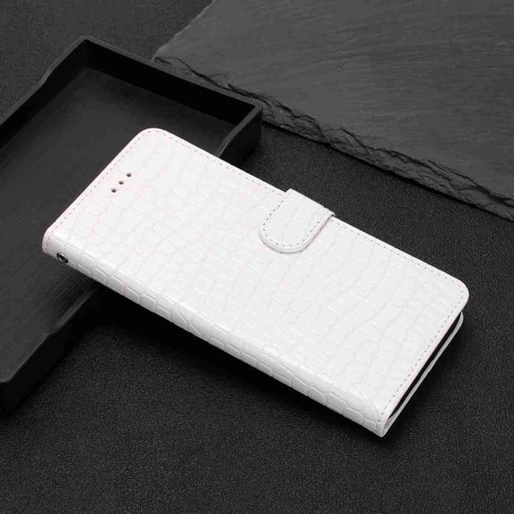 ELEHOLD Case for Samsung Galaxy S25 FE, Shockproof Leather Crocodile Texture Wallet Case with Card Slots and Wrist Strap , Stand Function,White