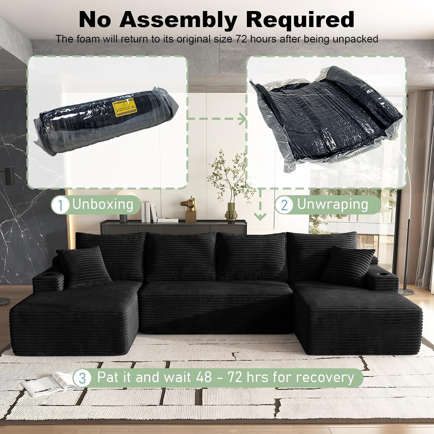 134" Compressible U Shaped Modular Sectional Sofa Set, Minimalist Corduroy Cloud Couch for Living Room, No Assembly Required
