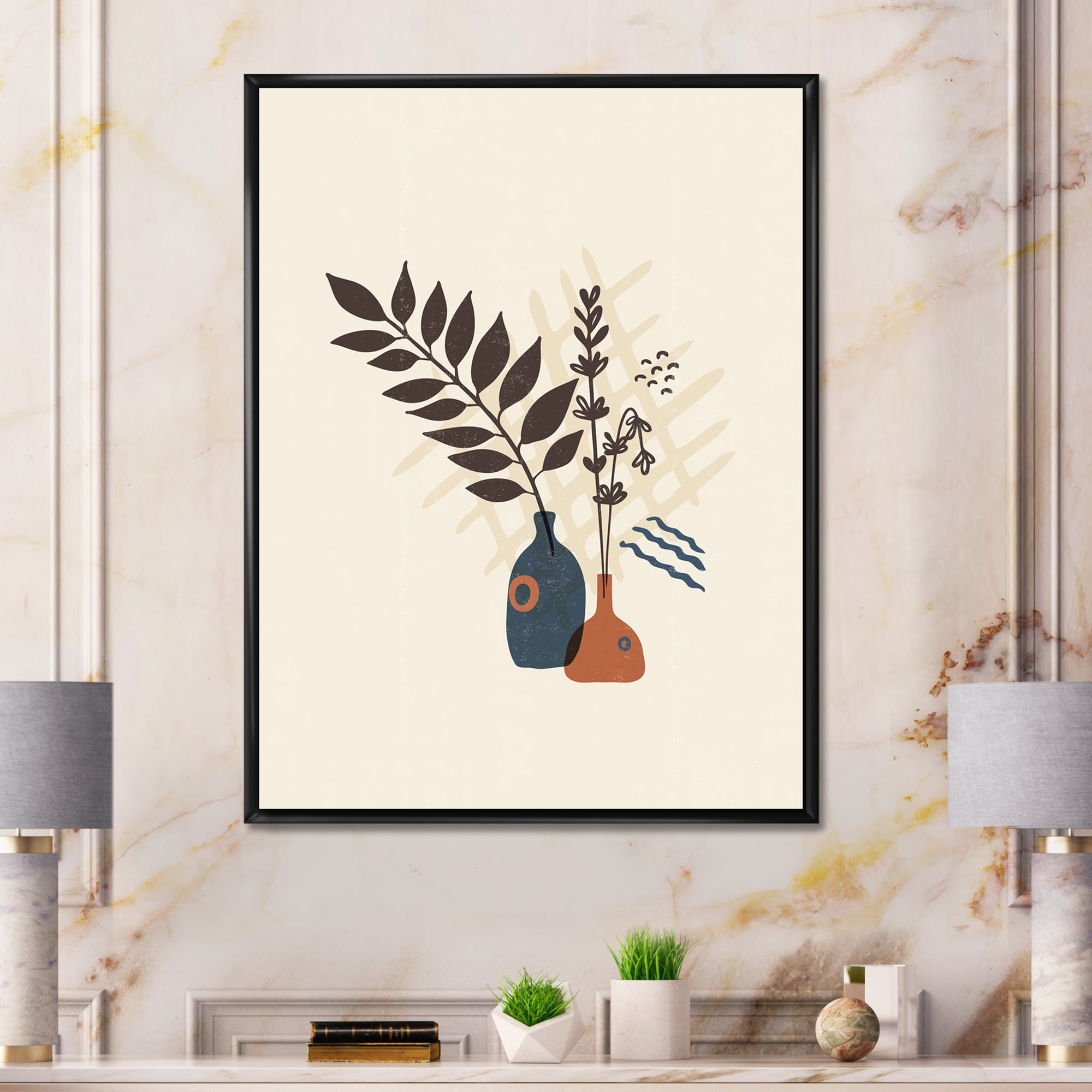 Designart 'Ancient Boho Art Minimalistic Flowers I' Modern Framed Canvas Wall Art Print