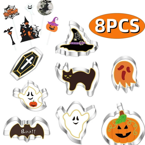 Halloween Cookie Cutters Cookie Mold Sandwich Cutters Pumpkin Ghost Bat Spider Zombie Witch's Hat Stainless Steel Biscuit Cutter Mold Halloween Baking Supplies 8Pcs Set 1