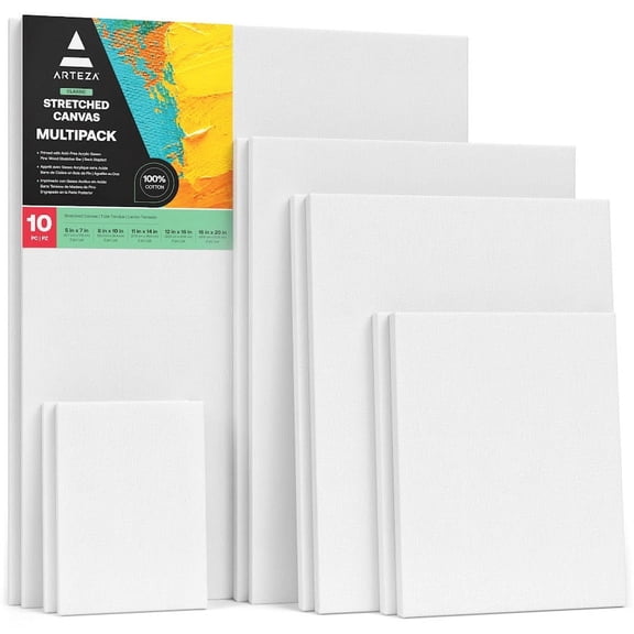 Arteza Stretched Canvas Multi Value Pack, Multiple Sizes, Blank Canvas Boards for Painting, 10 Pack