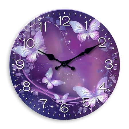 Purple Wall Clock for Girls Bedroom 12 Inch Butterfly Wall Clocks Battery Operated Silent Round