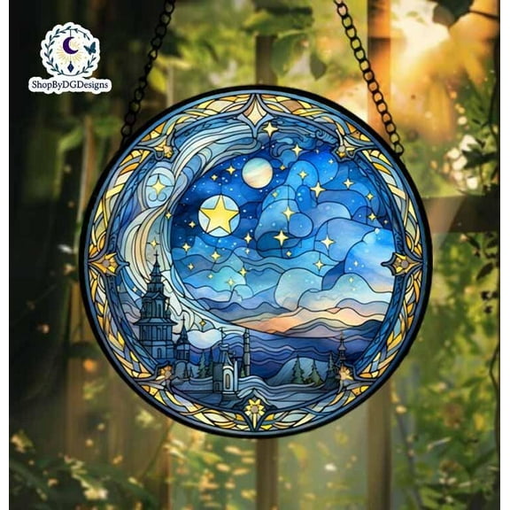 Night Sky Stained Glass Suncatcher, Moon and Stars Acrylic Suncatcher, Celestial Window Art, Fantasy Gift, Dreamy Blue Boho Decor 4296989803