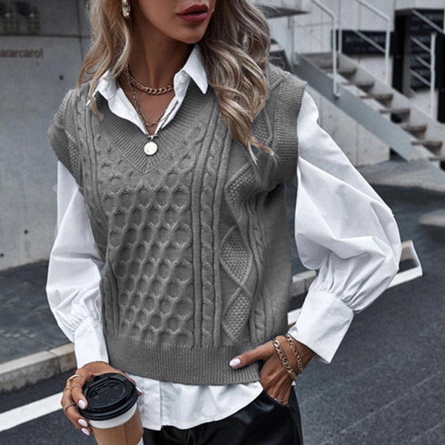 pxiakgy Gilet Tricoté style Collège pour Femmes Sans Manches Col en V Rétro Gris P