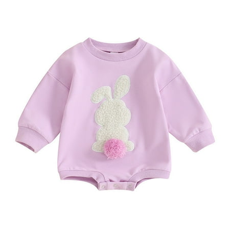 Sweatshirt Bubble Rompers Baby Girls Clothes Long Sleeve Cotton Bodysuit Rabbit Easter Outfit Cute Baby Onesies  Purple  6 Months