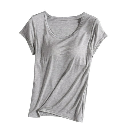 Gxdcog Tops for Women with Built in Bra Padded Yoga Shirt Basic Solid Short Sleeve Stretch Casual Blouse Tee