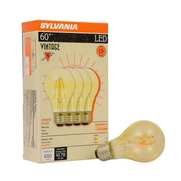 SYLVANIA Vintage LED Light Bulb, A19, 6.5W, Dimmable, 2200K, Amber Glow, 4 Pack