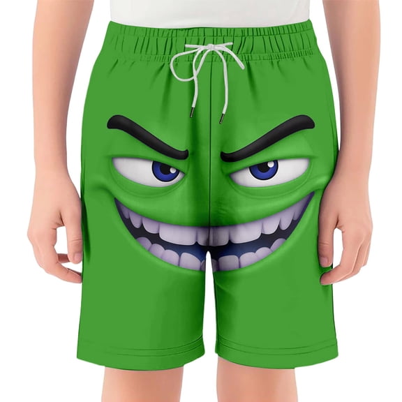 FINALGANG Boys Kids Funny Face Print Beach Shorts Elastic Waist Drawstring Closure Loose Fit Shorts For Summer Outdoor Play Daily Wear Green 3-4 Years