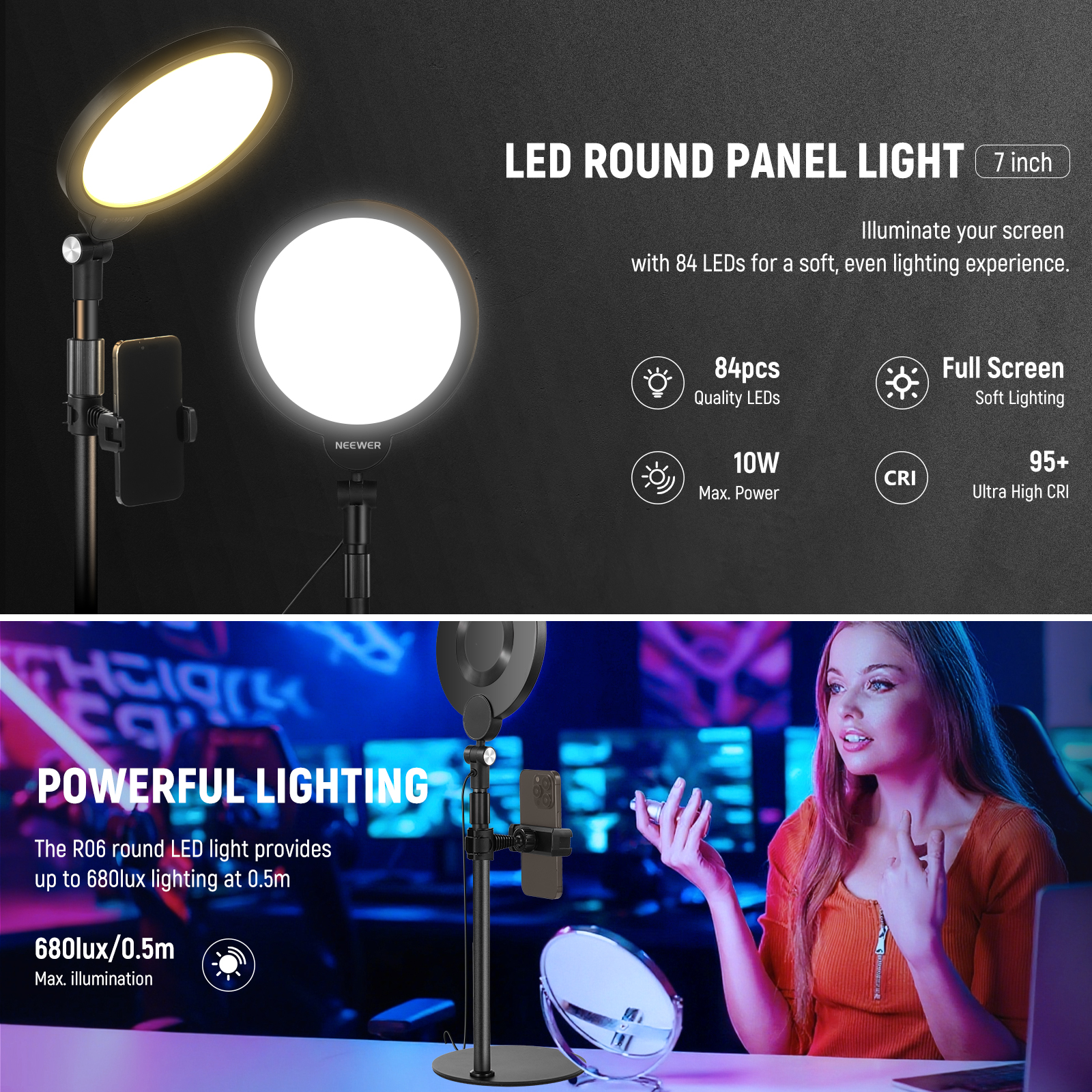 Neewer R06 7" Desk LED Ring Light With Stand & Phone Holder, 10W Dimmable Key Light For Video Recording, Live Streaming & Vlogs