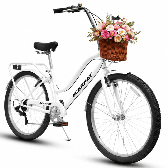 26 Inch Beach Cruiser Bike for Women, 7 Speed Commuter Bicycle with Dual V-Brakes, Rear Rack and Basket, Steel Frame Comfortable City Bike for Adults, White