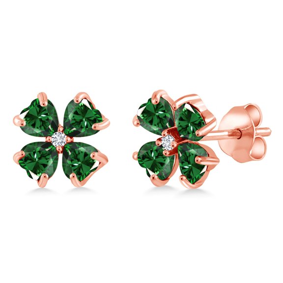 Gem Stone King 18K Rose Gold Plated Silver Green Nano Emerald and White Lab Grown Diamond Earrings for Women | 3.23 Cttw | Gemstone May Birthstone | Heart Shape 4MM