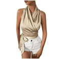 thumbnail image 2 of Tank Tops for Women Plus Size Sleeveless V-Neck Hanging Neck Summer Solid Color Fallow Tank Khaki XL, 2 of 6