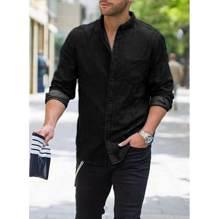 QWZNDZGR Mens Regular Fit Long Sleeve Denim Shirt Button Down Henley Chambray Shirt