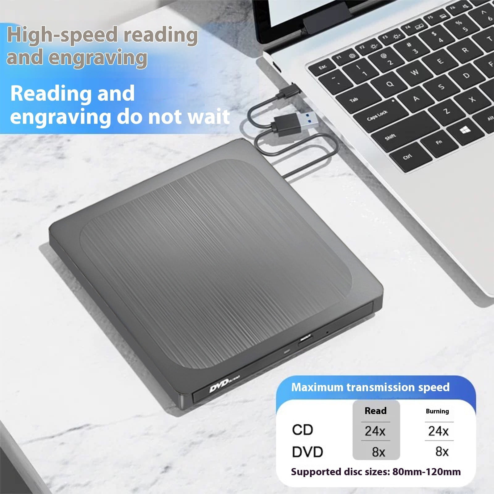 Fast Speed 24X 8X Disc Burning Reader External Drive with USB3.0 and Type C Port Portable Design