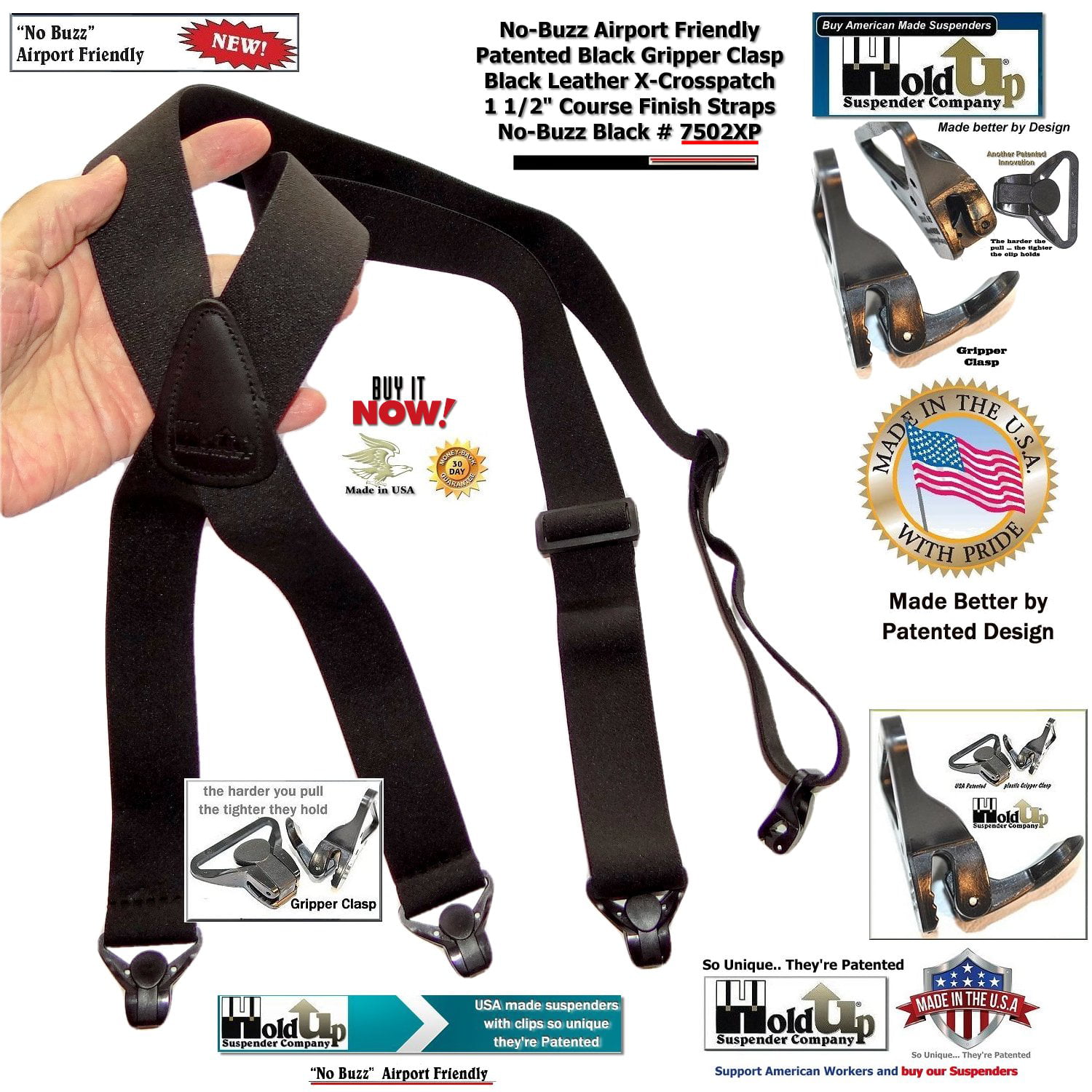 Airport Friendly Holdup Brand No-buzz Black 2 wide Hip Clip Suspenders with patented Jumbo Composite Plastic Gripper Clasps